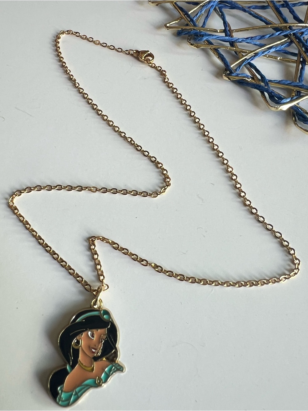 Disney Princess Jasmine Gold Pendant Necklace – teal Accents / Hand Assembled